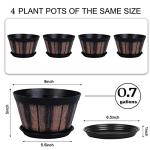 Quarut 8 inch Brown Plastic Whiskey Barrel Plant Pots Set of 4 with Drainage Holes and Saucer for Indoor and Outdoor Garden Home Plants