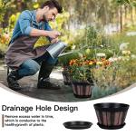 Quarut 8 inch Brown Plastic Whiskey Barrel Plant Pots Set of 4 with Drainage Holes and Saucer for Indoor and Outdoor Garden Home Plants
