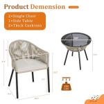 Devoko Patio Furniture Set 3 Pieces Rope Woven Bistro Set Outdoor Conversation Set with 2 Wide Chairs,Cushions and Tempered Glass Table for Balcony Porch Backyard Garden Poolside