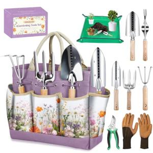 Gardening Tools Set 9-Piece Heavy-Duty Gardening Gifts for Women Mom Wife Gardening Hand Tools with Purple Floral Tote Bag and Repotting Mat, halilus Stainless Steel Garden Supplies Kit