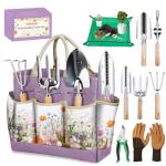 Gardening Tools Set 9-Piece Heavy-Duty Gardening Gifts for Women Mom Wife Gardening Hand Tools with Purple Floral Tote Bag and Repotting Mat, halilus Stainless Steel Garden Supplies Kit