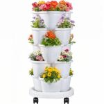VECELO 5 Tier Vertical Garden Planter, Self Watering Stackable Planters with Wheels for Strawberries, Herbs, Flowers, Vegetables, White