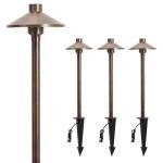 Gardencoin Solid Brass Low Voltage Pathway Lights (6.7'' Shade, 21.9'' Tall), 12V AC/DC Heavy Duty LED Landscape Path Lights Outdoor Wired, Antique Bronze Walkway Lights with Larger Stake, 4-Pack