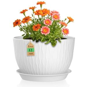 WSMKSZ 12 Inch Large Plant Pots for Indoor or Outdoor Plants, Wide Water Ripples Flower Pots with Drainage Holes & Saucer, Plastic Planters Set for Garden & Home Decor (White)