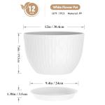 WSMKSZ 12 Inch Large Plant Pots for Indoor or Outdoor Plants, Wide Water Ripples Flower Pots with Drainage Holes & Saucer, Plastic Planters Set for Garden & Home Decor (White)