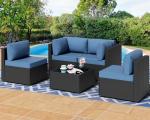 Shintenchi 5 Pieces Outdoor Patio Sectional Sofa Couch, PE Wicker Furniture Sets, Patio Conversation Sets with Washable Cushions Glass Coffee Table for Garden, Poolside, Backyard, Aegean Blue