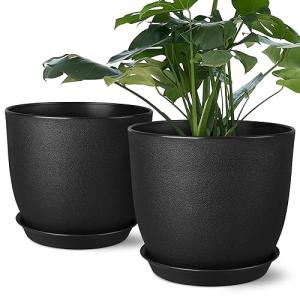 Ferlypote Plant Pots 8 Inch Set of 2, Flower Pots with Multi Mesh Drainage Holes, Planters for Indoor Outdoor Garden Plants and Flowers (Black)