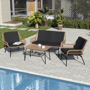 GREEN MORE 4 Piece Outdoor Patio Furniture Set, Rattan Conversation Sets, All-Weather Wicker Chairs with Cushions and Coffee Table, for Garden Balcony Courtyard Poolside