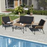 GREEN MORE 4 Piece Outdoor Patio Furniture Set, Rattan Conversation Sets, All-Weather Wicker Chairs with Cushions and Coffee Table, for Garden Balcony Courtyard Poolside