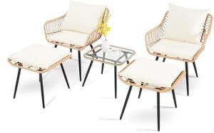 PORWEY 5 Piece Patio Furniture Set, Outdoor Wicker Small Conversation Bistro Set, All-Weather PE Rattan Chairs with Ottoman & Coffee Table, Ideal for Balcony Porch Deck Yard Poolside (Yellow/Beige)