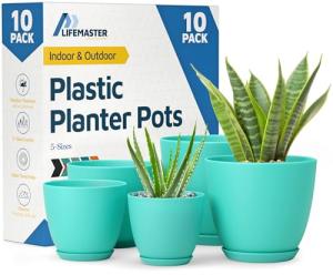 Lifemaster Planter Pots with Drainage Holes - Lightweight, Durable, and Space-Saving Pots for Indoor and Outdoor - Versatile Functionality, Simple Modern Design, Set of 10 Plastic Planter Pots - Aqua