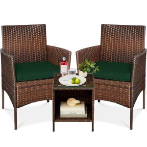 Best Choice Products 3-Piece Outdoor Wicker Conversation Bistro Set, Space Saving Patio Furniture for Garden w/Side Table - Brown/Midnight Green