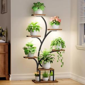 BACEKOLL Plant Stand Indoor with Grow Lights, 7 Tiered Indoor Plant Shelf, 49" Corner Plant Stands for Indoor Plants, Metal Plant Flower Display Shelf, Tree-Shaped Plant Rack for Home, Patio, Black