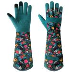 Gardening Gloves for Women - Breathable Long Garden Gloves with Grip, Thorn-Proof Puncture-Resistant Leather Work Gloves for Yard and Outdoor Work, Protective Garden Gloves for Women, Green Flower