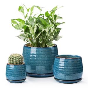 Ceramic Plant Pots with Drainage Holes and Saucers, Indoor Flower Pots for Plants Set of 3, 3.4+4.7+6.1 inch Cute Garden Pots Set for Succulent and Money Tree, Gift for Housewarmings, Blue