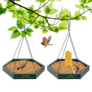 MIXXIDEA Platform Bird Feeder Tray, Hanging Bird Feeders for Outdoors, Wooden Seed Tray Mesh Seed Platform for Garden Yard Outside Decoration Attracting for Wild Birds (1pk-Green)