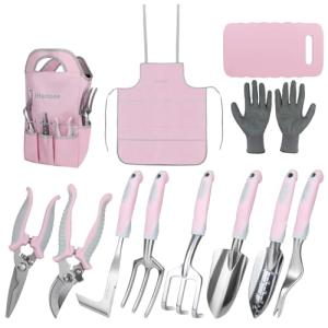 Pink Garden Tool Sets 12 Pieces, iHansee Aluminum Gardening Hand Tools with Non-Slip Handle, Kneeling Pad, Apron, Gloves and Organizer Bag, Landscaping Tools - Gift for Women & Garden Enthusiasts