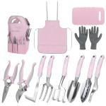 Pink Garden Tool Sets 12 Pieces, iHansee Aluminum Gardening Hand Tools with Non-Slip Handle, Kneeling Pad, Apron, Gloves and Organizer Bag, Landscaping Tools - Gift for Women & Garden Enthusiasts