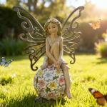 Suyorpe Flower Fairy Garden Decor,Garden Fairy Statues Outdoor,Solar Powered Outdoor Fairy Figurine Accessories,Patio Lawn Yard Porch, Resin Ornaments for Outside Gifts,9.45 Inches Tall