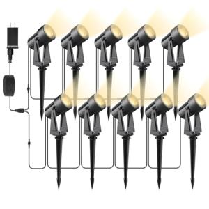 Svater Landscape Lighting Low Voltage, 10 Pack Outdoor Spotlights with Transformer, Plug in LED Spot Lights for Garden, Backyard, House, 3000K Warm White Super Bright 3W 250Lumem, Black