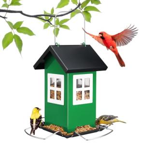 Veehoo Bird House Feeders for Outdoors Hanging-Metal Wild Bird House Feeders with 4 Ports, Country House Design, Garden Yard Decor Weatherproof Hanging Bird Feeder for Outside, Green