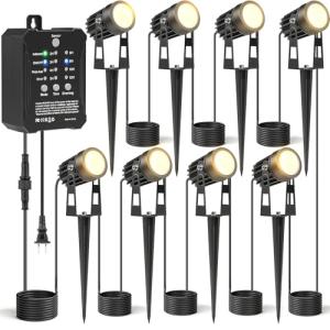 HIBOITEC Low Voltage Landscape Lighting with Transformer Photocell Sensor and Timer Spotlights Kit 68FT ETL Approved Wire Dimmable Waterproof 2700K for House Yard Trees Garden Plants Outdoor 8 Packs