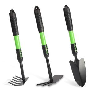 Garden Tool Set, 3 Pack Gardening Tools, Stainless Steel Heavy Duty Hand Cultivator, Hoes, Shovel, for Planting Weeding Digging, Green