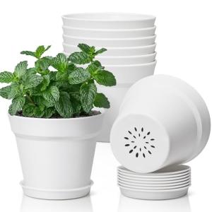 T4U 5 Inch Plant Pot 8-Pack, Plastic Pots with Drainage Hole and Saucer, Decorative Flower Pots Bulk for African Violet, Snake Plant, Succulent and All House Plants Indoor (8pcs 5" Pots, White)