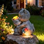 Komothala Solar Garden Statue Light, Cute Cats with Flowers Outdoor Deco for Patio, Lawn, Yard, Housewarming Birthday Gifts for Cat Lovers, Mom,Grandma,Women (Grey Cat)