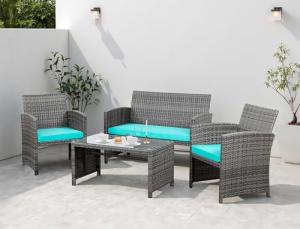 4 Piece Patio Ratten Set Outdoor Furniture Set Wicker Conversation Set with Cushions and Tempered Glass Tabletop,Blue