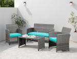 4 Piece Patio Ratten Set Outdoor Furniture Set Wicker Conversation Set with Cushions and Tempered Glass Tabletop,Blue