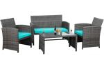 4 Piece Patio Ratten Set Outdoor Furniture Set Wicker Conversation Set with Cushions and Tempered Glass Tabletop,Blue