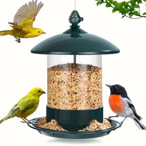 Gbekery Metal Bird Feeders for Outdoors Hanging, Weather Resistant Wild Bird Feeder with 360 Degree Feeding Tray, Green