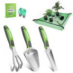 WORKPRO 5PCS Garden Tool Set, Powder Coating Compact Aluminum Gardening Tool Set with Repotting Mat, Outdoor Garden Hand Tools, Ideal Gardening Gift, Green
