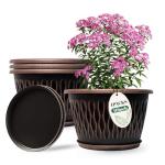 Usocik 4 Pack 10 Inch Retro Plant Pots, Vintage Striped Flower Pots with Drainage Hole & Saucer, Large Plastic Planters for Indoor and Outdoor Plants, Decorative Garden Pots(Copper)