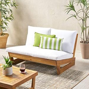 Great Deal Furniture Kaitlyn Outdoor Acacia Wood Loveseat with Cushions, Teak and White