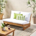 Great Deal Furniture Kaitlyn Outdoor Acacia Wood Loveseat with Cushions, Teak and White