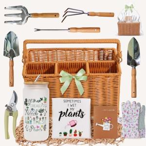 Gardening Gifts for Women 12 Pcs Garden Tools Set with Basket Heavy Duty Gardening Hand Tool with Wood Handle Gardener Lady Plant Lover Gifts Wife Mom Grandma Mothers Day Birthday