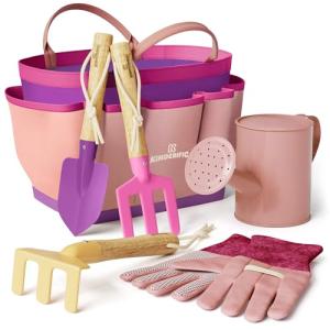 Gardening Set, Tool Kit, for Kids, STEM, Includes Tote Bag, Spade, Watering Can, Rake, Fork, Trowel and Gloves (Princess Pink)