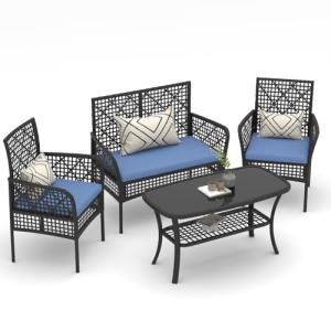 HLNPTN 4 Pieces Outdoor Patio Furniture Set, PE Rattan Chairs Wicker Furniture with Coffee Glass Table and Soft Cushions, Outdoor Seating Conversation Set for Lawn, Porch, Garden (Blue)