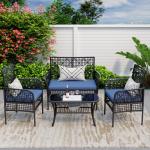 HLNPTN 4 Pieces Outdoor Patio Furniture Set, PE Rattan Chairs Wicker Furniture with Coffee Glass Table and Soft Cushions, Outdoor Seating Conversation Set for Lawn, Porch, Garden (Blue)