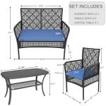 HLNPTN 4 Pieces Outdoor Patio Furniture Set, PE Rattan Chairs Wicker Furniture with Coffee Glass Table and Soft Cushions, Outdoor Seating Conversation Set for Lawn, Porch, Garden (Blue)
