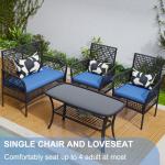 HLNPTN 4 Pieces Outdoor Patio Furniture Set, PE Rattan Chairs Wicker Furniture with Coffee Glass Table and Soft Cushions, Outdoor Seating Conversation Set for Lawn, Porch, Garden (Blue)