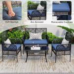 HLNPTN 4 Pieces Outdoor Patio Furniture Set, PE Rattan Chairs Wicker Furniture with Coffee Glass Table and Soft Cushions, Outdoor Seating Conversation Set for Lawn, Porch, Garden (Blue)