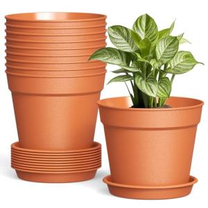 10 Pack 6 Inch Plant Pots with Drainage and Saucers, Plastic Flower Pots for Indoor and Outdoor Plants, Stackable Nursery Planters for Houseplants and Herbs, Terracotta