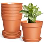 10 Pack 6 Inch Plant Pots with Drainage and Saucers, Plastic Flower Pots for Indoor and Outdoor Plants, Stackable Nursery Planters for Houseplants and Herbs, Terracotta