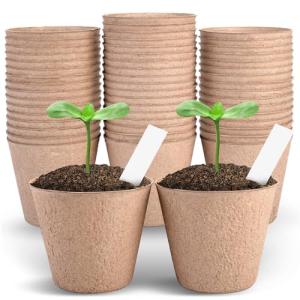 ARGCONNER 4 Inch Peat Pots, 50PCS Biodegradable Plant Starting Pots Round Nursery Pot, Garden Germination Nursery Pot Bonus 20 Plant Labels (4 Inch, 50P)