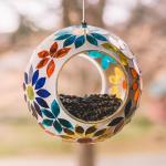 Backyard Expressions Hanging Glass Bird Feeder - Multicolor - Fly Through Bird Feeders for Outside, Mosaic Bird Feeder, Round Shape Wild Birdfeeder