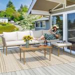 YITAHOME Patio Furniture Set, 6 Pieces Outdoor Rattan Woven Sectional Sofa Patio Loveseat with Ottoman and and Side Table, Conversation Set for Backyard, Porch, Boho - Beige