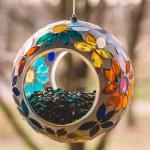 Backyard Expressions Hanging Glass Bird Feeder - Multicolor - Fly Through Bird Feeders for Outside, Mosaic Bird Feeder, Round Shape Wild Birdfeeder